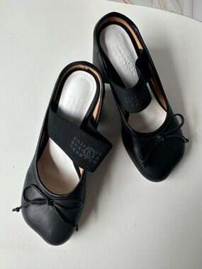 MM6 Maison Margiela Black Leather Ballerina Mules | Logo Elastic Strap Size 37